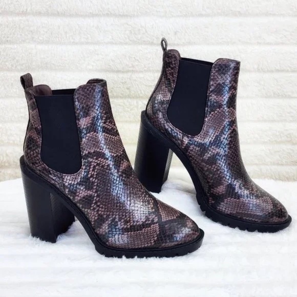 So Me  Brown Snake Print 4.25" Stacked Block Heel Slip On Ankle Boots - Picture 7 of 12